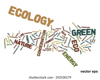 Concepto vectorial o ecología verde abstracta conceptual y conservación palabra en nube texto sobre fondo blanco, metáfora al medio ambiente, reciclar, tierra, alternativa, protección, energía, eco-amigable o bio