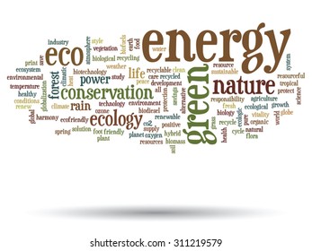 Vector concept or conceptual abstract green ecology and conservation word cloud text on white background, metaphor to environment, recycle, earth, alternative, protection, energy, eco friendly or bio