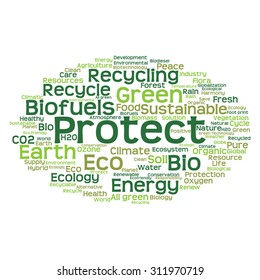 Vector concept or conceptual abstract green ecology and conservation word cloud text on white background, metaphor to environment, recycle, earth, alternative, protection, energy, eco friendly or bio