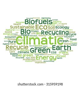 Vector concept or conceptual abstract green ecology and conservation word cloud text on white background, metaphor to environment, recycle, earth, alternative, protection, energy, eco friendly or bio