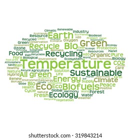 Concepto vectorial o ecología verde abstracta conceptual y conservación palabra en nube texto sobre fondo blanco, metáfora al medio ambiente, reciclar, tierra, alternativa, protección, energía, eco-amigable o bio