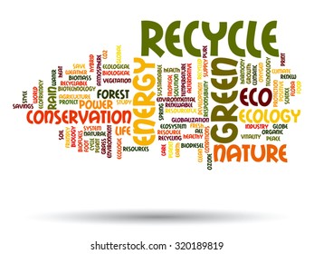 Vector concept or conceptual abstract green ecology and conservation word cloud text on white background, metaphor to environment, recycle, earth, alternative, protection, energy, eco friendly or bio