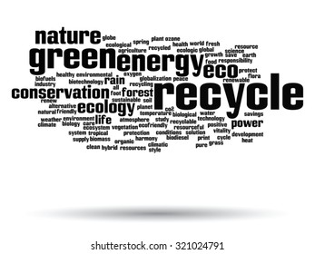Vektor-Konzept oder konzeptionell abstrakte grüne Ökologie und Konservierungswortwolke auf weißem Hintergrund, Metapher für Umwelt, Recycling, Erde, Alternative, Schutz, Energie, umweltfreundlich oder bio