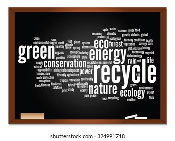 Vektor-Konzept oder konzeptionelle abstrakte grüne Ökologie, Konservierungswortwolke, Hintergrund, Metapher für Umwelt, Recycling, Erde, Alternative, Schutz, Energie, umweltfreundlich oder bio