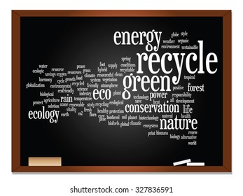 Vector concept or conceptual abstract green ecology, conservation word cloud text, blackboard background, metaphor to environment, recycle, earth, alternative, protection, energy, eco friendly or bio