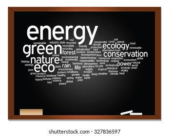 Vector concept or conceptual abstract green ecology, conservation word cloud text, blackboard background, metaphor to environment, recycle, earth, alternative, protection, energy, eco friendly or bio