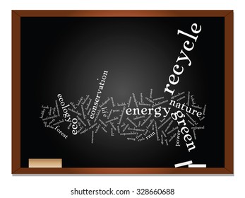 Vector concept or conceptual abstract green ecology, conservation word cloud text, blackboard background, metaphor to environment, recycle, earth, alternative, protection, energy, eco friendly or bio