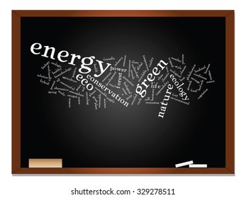 Vector concept or conceptual abstract green ecology, conservation word cloud text, blackboard background, metaphor to environment, recycle, earth, alternative, protection, energy, eco friendly or bio