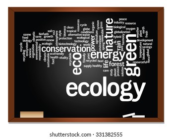 Vector concept or conceptual abstract green ecology, conservation word cloud text, blackboard background, metaphor to environment, recycle, earth, alternative, protection, energy, eco friendly or bio