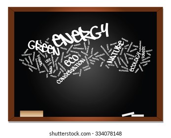 Vector concept or conceptual abstract green ecology, conservation word cloud text, blackboard background, metaphor to environment, recycle, earth, alternative, protection, energy, eco friendly or bio