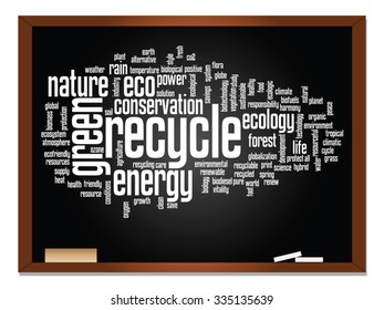 Vector concept or conceptual abstract green ecology, conservation word cloud text, blackboard background, metaphor to environment, recycle, earth, alternative, protection, energy, eco friendly or bio
