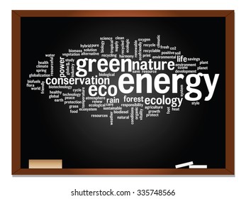 Concepto vectorial o ecología conceptual abstracta verde, conservación palabra texto en nube, fondo de pizarra, metáfora al medio ambiente, reciclar, tierra, alternativa, protección, energía, eco-amigable o bio