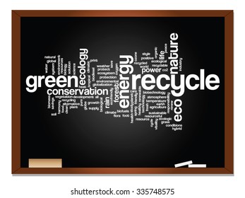 Vector concept or conceptual abstract green ecology, conservation word cloud text, blackboard background, metaphor to environment, recycle, earth, alternative, protection, energy, eco friendly or bio
