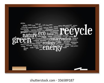 Vector concept or conceptual abstract green ecology, conservation word cloud text, blackboard background, metaphor to environment, recycle, earth, alternative, protection, energy, eco friendly or bio