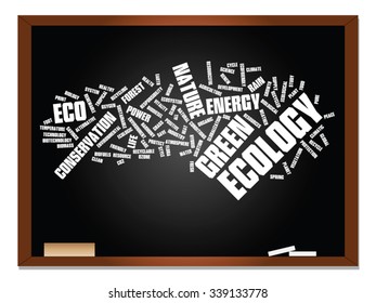 Vector concept or conceptual abstract green ecology, conservation word cloud text, blackboard background, metaphor to environment, recycle, earth, alternative, protection, energy, eco friendly or bio