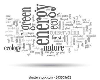 Vector concept or conceptual abstract green ecology, conservation word cloud text, white background, metaphor to environment, recycle, earth, alternative, protection, energy, eco friendly or bio