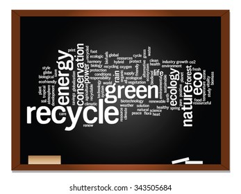Vector concept or conceptual abstract green ecology, conservation word cloud text, blackboard background, metaphor to environment, recycle, earth, alternative, protection, energy, eco friendly or bio