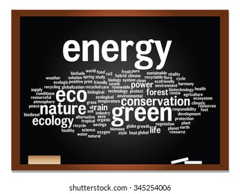 Vector concept or conceptual abstract green ecology, conservation word cloud text, blackboard background, metaphor to environment, recycle, earth, alternative, protection, energy, eco friendly or bio