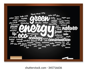 Vector concept or conceptual abstract green ecology, conservation word cloud text, blackboard and chalk background