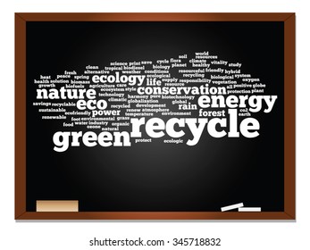 Vector concept or conceptual abstract green ecology, conservation word cloud text, blackboard and chalk background