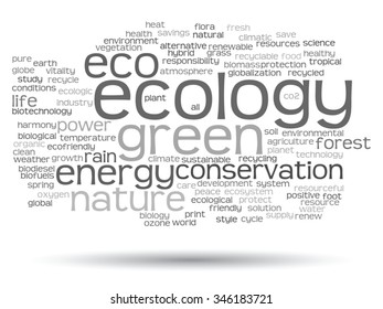 Concepto vectorial o ecología verde abstracta conceptual, texto de la palabra conservacionista en la nube, fondo blanco, metáfora al medio ambiente, reciclado, tierra, alternativa, protección, energía, eco-amigable o bio