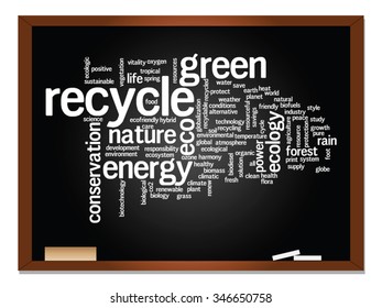 Vector concept or conceptual abstract green ecology, conservation word cloud text, blackboard background, metaphor to environment, recycle, earth, alternative, protection, energy, eco friendly or bio