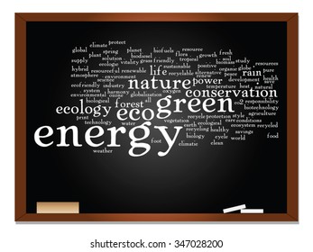 Vector concept or conceptual abstract green ecology, conservation word cloud text, blackboard background, metaphor to environment, recycle, earth, alternative, protection, energy, eco friendly or bio