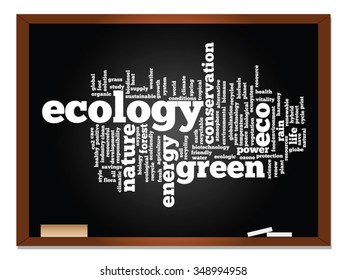 Concepto vectorial o ecología conceptual abstracta verde, conservación palabra texto en nube, fondo de pizarra, metáfora al medio ambiente, reciclar, tierra, alternativa, protección, energía, eco-amigable o bio