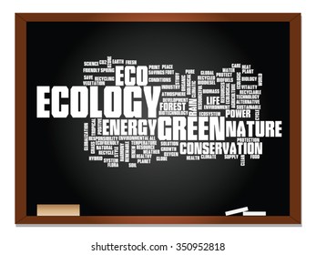Vector concept or conceptual abstract green ecology, conservation word cloud text, blackboard background, metaphor to environment, recycle, earth, alternative, protection, energy, eco friendly or bio