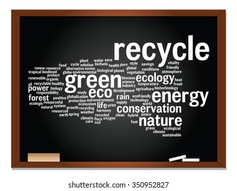 Vector concept or conceptual abstract green ecology, conservation word cloud text, blackboard background, metaphor to environment, recycle, earth, alternative, protection, energy, eco friendly or bio