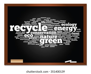 Concepto vectorial o ecología conceptual abstracta verde, conservación palabra texto en nube, fondo de pizarra, metáfora al medio ambiente, reciclar, tierra, alternativa, protección, energía, eco-amigable o bio