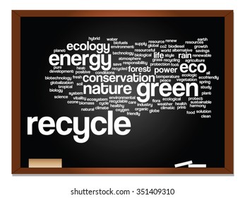 Vector concept or conceptual abstract green ecology, conservation word cloud text, blackboard background, metaphor to environment, recycle, earth, alternative, protection, energy, eco friendly or bio