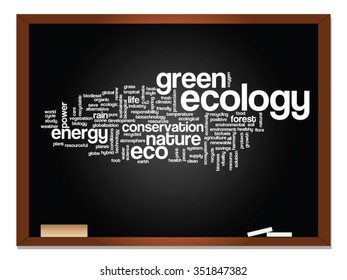 Vector concept or conceptual abstract green ecology, conservation word cloud text, blackboard background, metaphor to environment, recycle, earth, alternative, protection, energy, eco friendly or bio