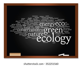 Vector concept or conceptual abstract green ecology, conservation word cloud text, blackboard and chalk background