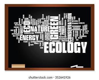 Vector concept or conceptual abstract green ecology, conservation word cloud text, blackboard background, metaphor to environment, recycle, earth, alternative, protection, energy, eco friendly or bio