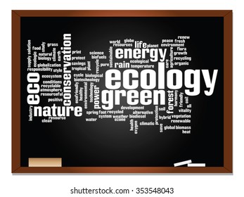 Vector concept or conceptual abstract green ecology, conservation word cloud text, blackboard background, metaphor to environment, recycle, earth, alternative, protection, energy, eco friendly or bio