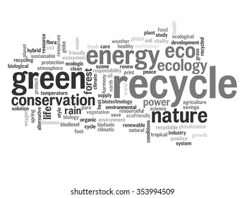 Vector concept or conceptual abstract green ecology, conservation word cloud text, white background, metaphor to environment, recycle, earth, alternative, protection, energy, eco friendly or bio