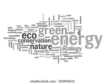 Vektor-Konzept oder konzeptionelle abstrakte grüne Ökologie, Konservierungswort Cloud-Text, weißer Hintergrund, Metapher für Umwelt, Recycling, Erde, Alternative, Schutz, Energie, umweltfreundliche oder biologische