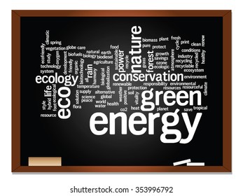 Vector concept or conceptual abstract green ecology, conservation word cloud text, blackboard background, metaphor to environment, recycle, earth, alternative, protection, energy, eco friendly or bio