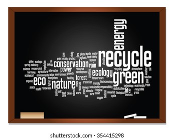 Vector concept or conceptual abstract green ecology, conservation word cloud text, blackboard background, metaphor to environment, recycle, earth, alternative, protection, energy, eco friendly or bio