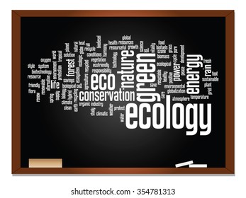 Concepto vectorial o ecología conceptual abstracta verde, conservación palabra texto en nube, fondo de pizarra, metáfora al medio ambiente, reciclar, tierra, alternativa, protección, energía, eco-amigable o bio