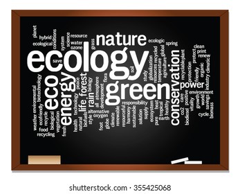 Vector concept or conceptual abstract green ecology, conservation word cloud text, blackboard background, metaphor to environment, recycle, earth, alternative, protection, energy, eco friendly or bio