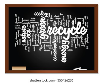 Conceito vetorial ou conceito abstrato de ecologia verde, texto de nuvem de palavra de conservação, fundo de quadro-negro, metáfora para o ambiente, reciclar, terra, alternativa, proteção, energia, eco amigável ou bio