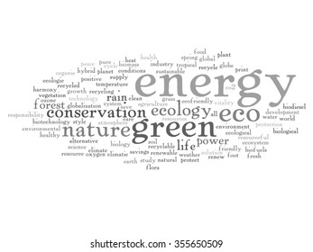 Concepto vectorial o ecología verde abstracta conceptual y conservación palabra en nube texto sobre fondo blanco, metáfora al medio ambiente, reciclar, tierra, alternativa, protección, energía, eco-amigable o bio