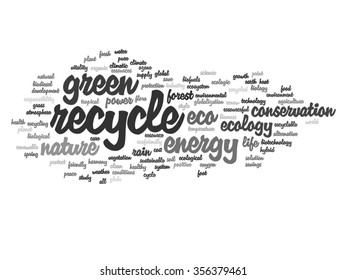 Vektor-Konzept oder konzeptionell abstrakte grüne Ökologie und Konservierungswortwolke auf weißem Hintergrund, Metapher für Umwelt, Recycling, Erde, Alternative, Schutz, Energie, umweltfreundlich oder bio