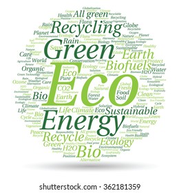 Concepto vectorial o ecología verde abstracta conceptual y conservación palabra en nube texto sobre fondo blanco, metáfora al medio ambiente, reciclar, tierra, alternativa, protección, energía, eco-amigable o bio