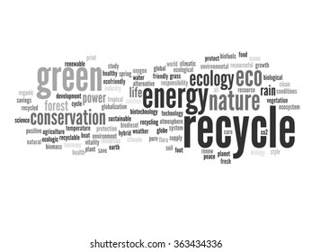 Concepto vectorial o ecología verde abstracta conceptual y conservación palabra en nube texto sobre fondo blanco, metáfora al medio ambiente, reciclar, tierra, alternativa, protección, energía, eco-amigable o bio