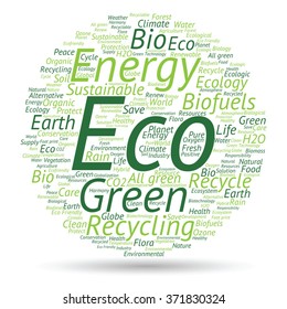 Concepto vectorial o ecología verde abstracta conceptual y conservación palabra en nube texto sobre fondo blanco, metáfora al medio ambiente, reciclar, tierra, alternativa, protección, energía, eco-amigable o bio