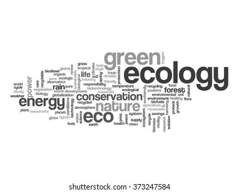 Concepto vectorial o ecología verde abstracta conceptual y conservación palabra en nube texto sobre fondo blanco, metáfora al medio ambiente, reciclar, tierra, alternativa, protección, energía, eco-amigable o bio