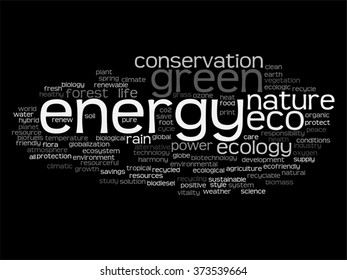 Vector concept or conceptual abstract green ecology and conservation word cloud text on black background, metaphor to environment, recycle, earth, alternative, protection, energy, eco friendly or bio